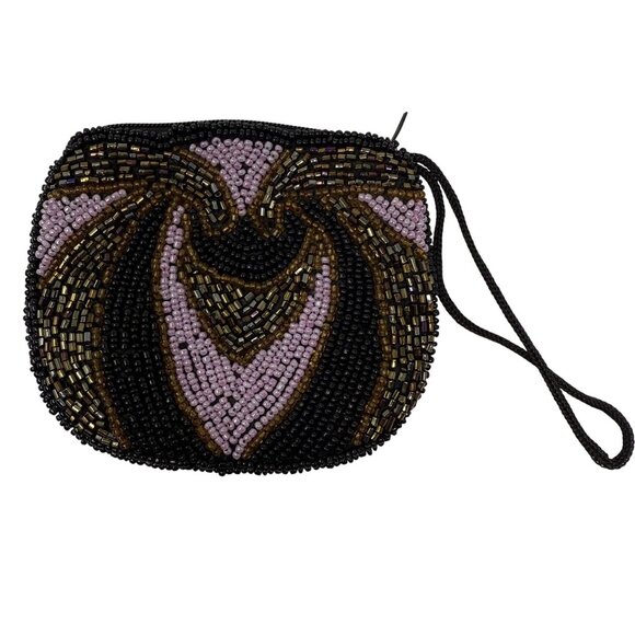 VTG Beaded Clutch Coin Purse Wristlet Purple Gold Abstract Zip Art Deco Gatsby - Picture 1 of 4